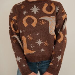 Brown cowgirl Sweater with Western Motif